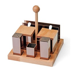 Biradlı GRV-69 Ahşap Standlı Kare Tuzluk Baharatlık Takımı, 6'lı, Bakır - Biradlı
