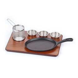 Altınbaşak Cast Iron Fajita Presentation Set with Handle, MDF Teflon, Large, 24x17 cm - Altınbaşak