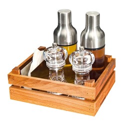 Biradlı GRV-2417 Cam - Çelik Tuzluk Yağlık Takımı, Ahşap Kasalı - Biradlı