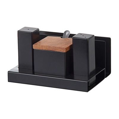 Biradlı GRV-114 Kapaklı Kare Parlak Tuzluk Şekerlik Takımı, 3'lü, Siyah - 1