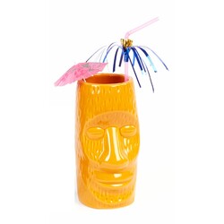 Biradlı GRV-20208 Ceramic Tiki Mug Cocktail Glass, 600 cc, 8x17 cm, Yellow - Biradlı