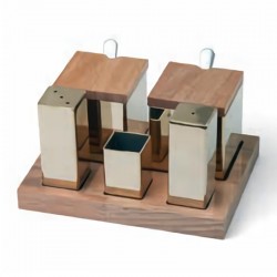 Biradlı GRV-48 Square Salt and Spice Shaker Set with Wooden Stand, 5 pcs, Gold - Biradlı