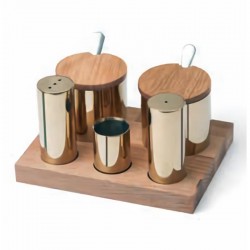 Biradlı GRV-49 Salt and Spice Shaker Set with Wooden Stand, 5 pcs, Gold - Biradlı