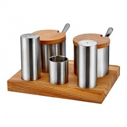 Biradlı GRV-49 Wooden Stand Salt and Spice Shaker Set, 5 pcs - Biradlı