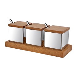 Biradlı GRV-56 طقم رف توابل مربع مع حامل خشبي، 3 قطع، لامع - Biradlı