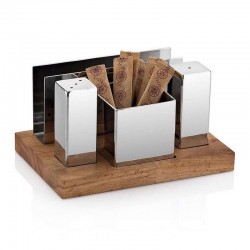 Biradlı GRV-64 Square Salt Shaker Set with Wooden Stand, 4 pcs - Biradlı
