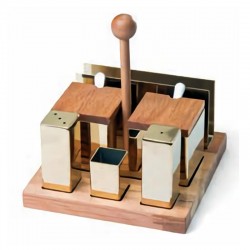 Biradlı GRV-69 Square Salt and Spice Shaker Set with Wooden Stand, 6 pcs, Gold - Biradlı