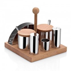 Biradlı GRV-71 Round Salt and Spice Shaker Set with Wooden Stand, 6 pcs - Biradlı