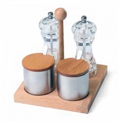 Biradlı GRV-85 Acrylic Salt Shaker Spice Rack Set with Wooden Stand, 4 pcs - Biradlı