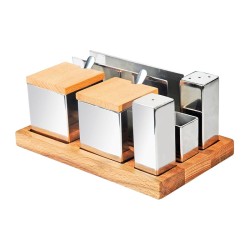 Biradlı GRV-95 Square Salt and Spice Shaker Set with Wooden Stand, 6 pcs - Biradlı