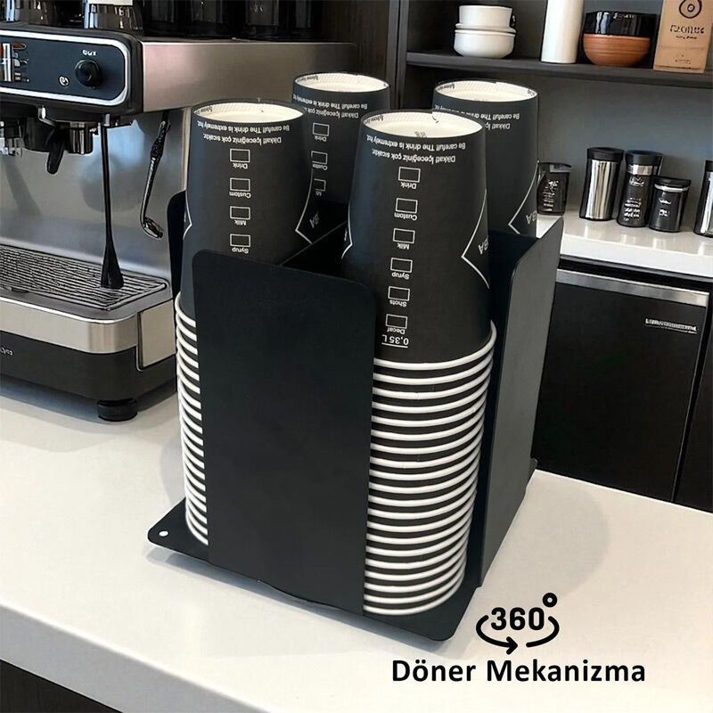 Cafemarkt 16 Oz Bardak Uyumlu 4 Bölmeli Döner Karton Bardak Standı, 20x20 cm, Siyah - Cafemarkt