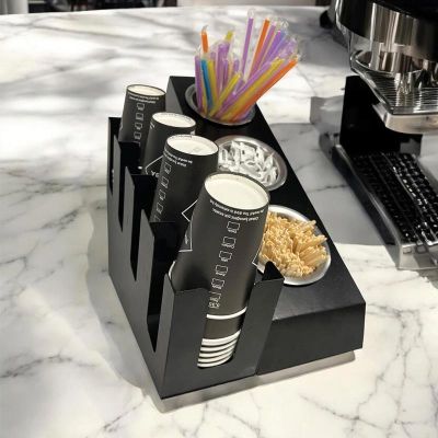 Cafemarkt 4 Bölmeli 16 Oz Karton Bardak 3 Gözlü Pipet Karıştırıcı ve Şeker Standı, 26x45x36 cm, Siyah - Cafemarkt