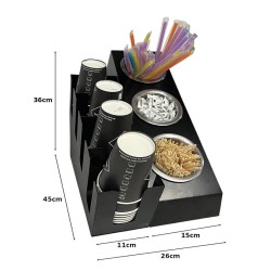Cafemarkt 4 Bölmeli 16 Oz Karton Bardak 3 Gözlü Pipet Karıştırıcı ve Şeker Standı, 26x45x36 cm, Siyah - 3