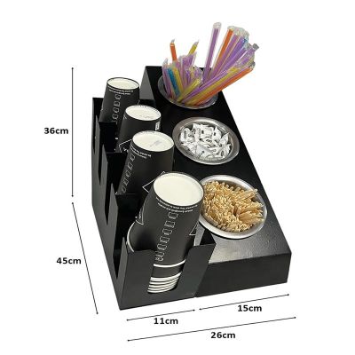 Cafemarkt 4 Bölmeli 16 Oz Karton Bardak 3 Gözlü Pipet Karıştırıcı ve Şeker Standı, 26x45x36 cm, Siyah - Cafemarkt