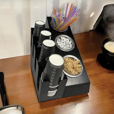 Cafemarkt 4 Bölmeli 16 Oz Karton Bardak 3 Gözlü Pipet Karıştırıcı ve Şeker Standı, Siyah - 1