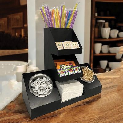 Decorelax 7 Compartment Straw Tea Sugar Mixer Napkin Stand, Black - Decorelax