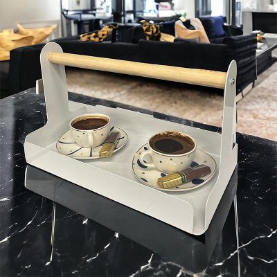 Decorelax Ahşap Saplı Metal Servis Tepsi, 30x17 cm, Beyaz - 4