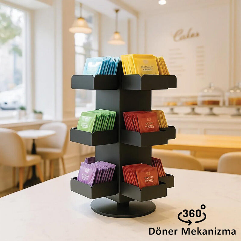 Decorelax Model-1 Döner 12 Bölmeli Poşet Çay Standı, 19x19x26 cm, Siyah - Decorelax