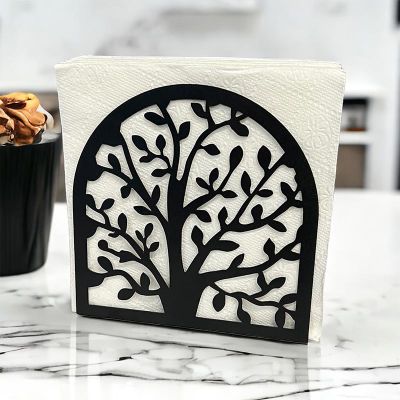 Decorelax حامل مناديل معدني بنقشة شجرة الحياة، أسود - Decorelax