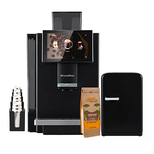 Dr.Coffee C15 Tam Otomatik Kahve Makinesi Seti, Süt Soğutucu + Bardak Standı + Çekirdek Kahve - Dr.Coffee