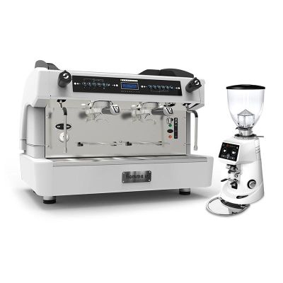 Fiamma Compass 2 Double Boiler Tall Cup Espresso Coffee Machine, 2 Groups + Fiorenzato F64E Coffee Grinder, White - Fiamma