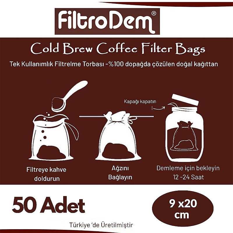 FiltroDem Cold Brew Kahve Demleme Filtre Torbası, 9x20 cm, 50 Adet - FiltroDem