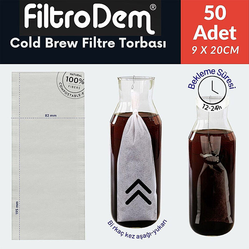 FiltroDem Cold Brew Kahve Demleme Filtre Torbası, 9x20 cm, 50 Adet - FiltroDem