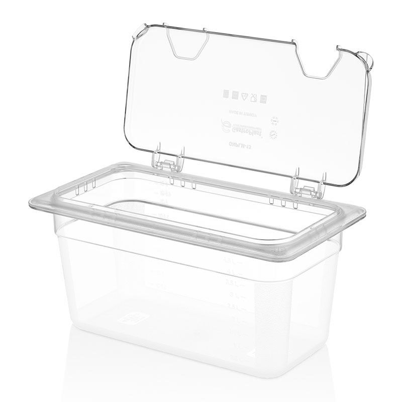 غطاء حوض الاستحمام GastroPlast GN 1/2 بولي كربونات بزاوية مفتوحة من اليمين مفصلية - GastroPlast