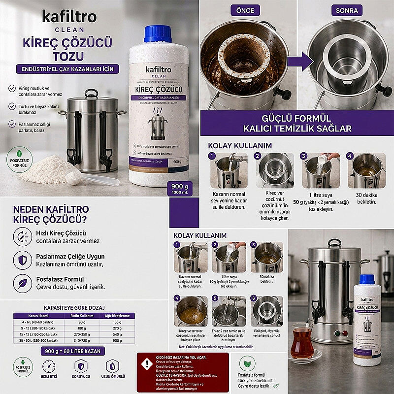 Kafiltro KF-CK-900 Endüstriyel Çay Kazanı Kireç Çözücü Tozu, 900 gr - Kafiltro