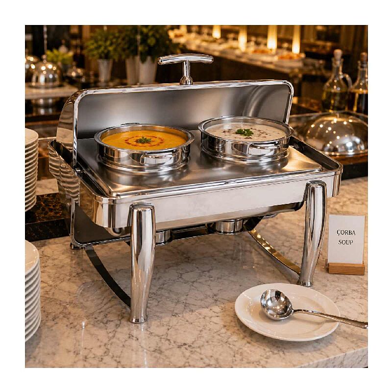 Kapp Delux Roll Top Çift Çorbalık Chafing Dish, 2x4.5 L, Jel Yakıtlı + Elektrikli - Kapp