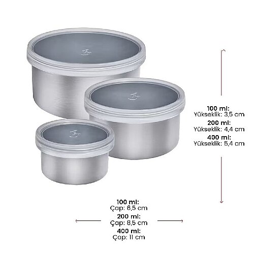 Lurch 3'lü Paslanmaz Çelik Fırınlanabilir Sızdırmaz Kapaklı Mini Saklama Kabı Seti, 100-200-400 ml - 5