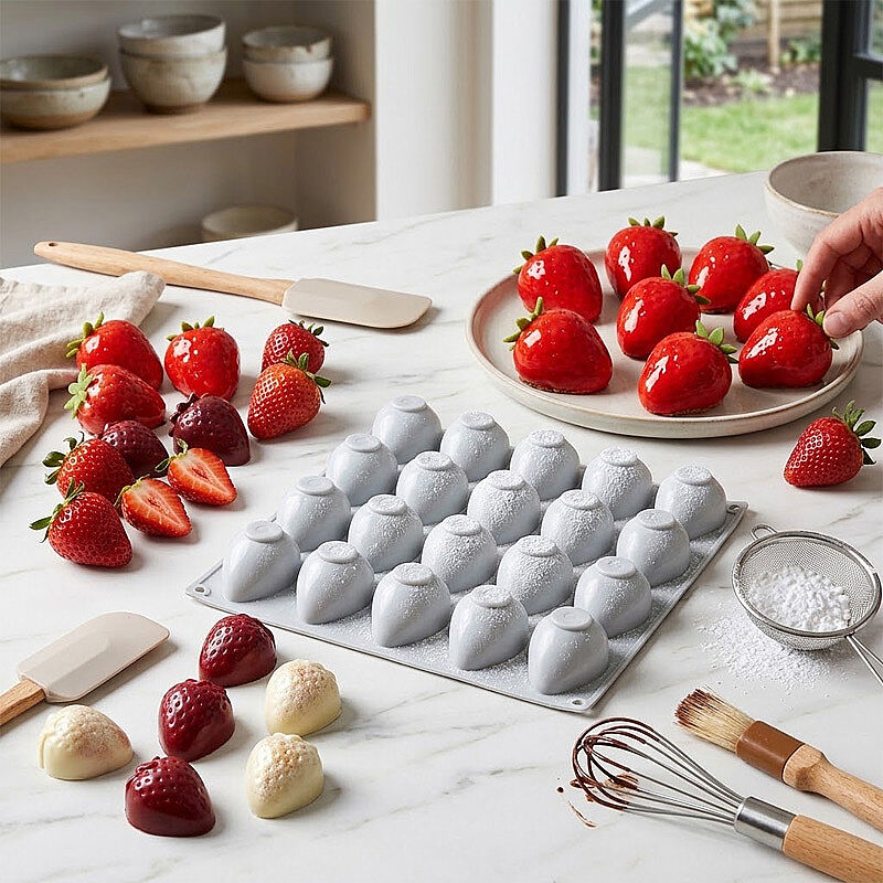 Nova Silicon NS 0025 20 Gözlü Mini Çilek Formlu Silikon Pasta Kalıbı - Nova Silicon