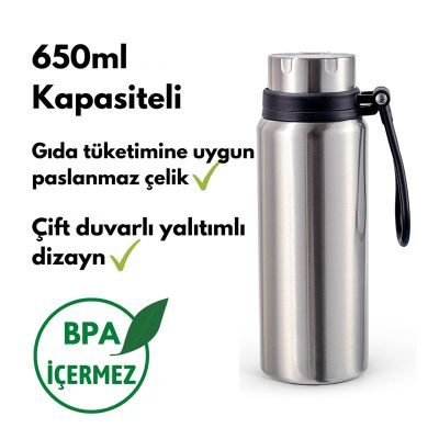 Ozdusk Paslanmaz Çelik Çift Duvarlı Spor Termos, 650 ml, Gri - 4