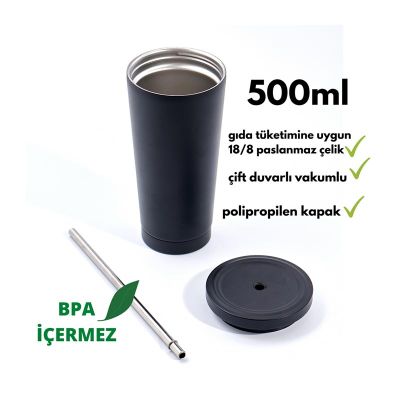 Ozdusk Paslanmaz Pipetli Termos Matara, 500 ml, Siyah - 3