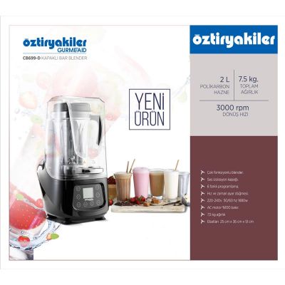 Öztiryakiler Gurmeaid CB699-D Gürültü Önleyici Kapaklı, Dijital Bar Blender, 2 L, 1680 W, Siyah - Öztiryakiler