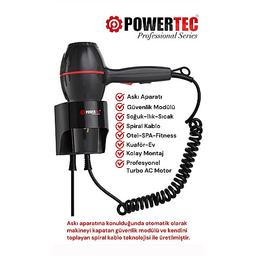 Powertec TR-301 Profesyonel Otel Tipi Saç Kurutma ve Fön Makinesi, 2500 W, Siyah - 7