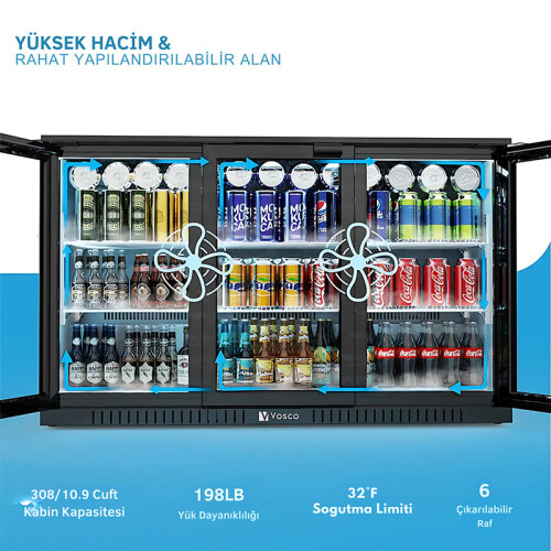 Vosco VBBC-350S Üç Sürgü Kapılı Bar Arkası Şişe Soğutucu Dolap, 338 L, Siyah - 2