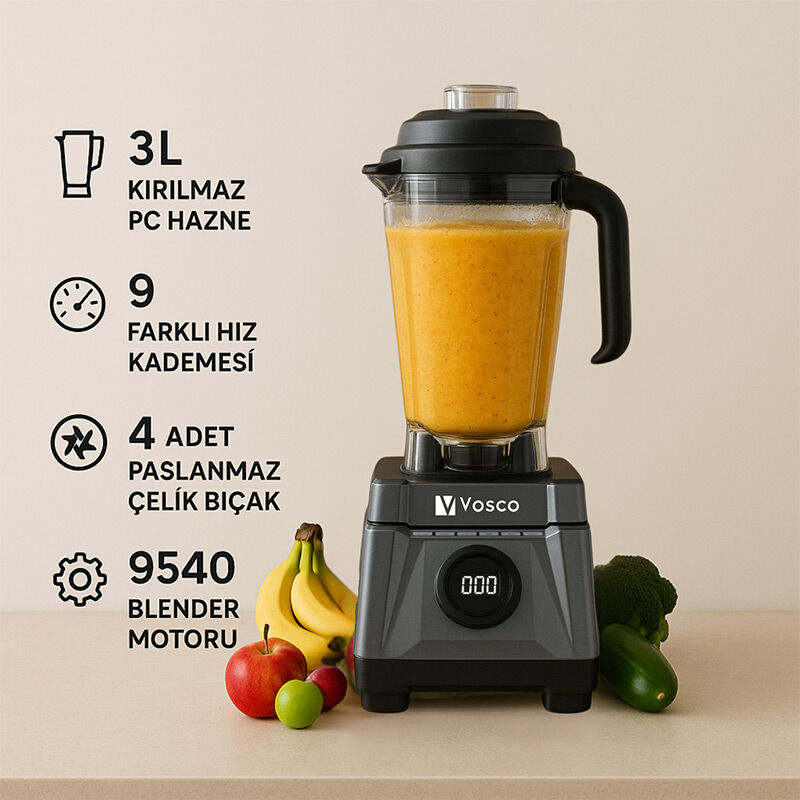 Vosco VHS-602C Dijital Pro Bar Blender, 3 L, 1600 W, Gri - Vosco